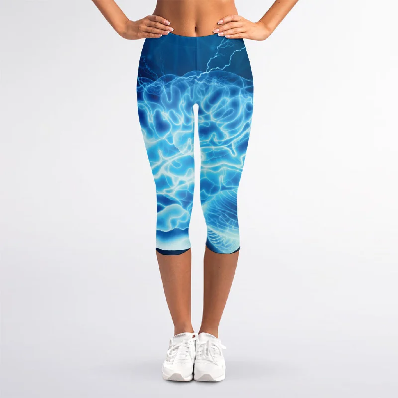 Blue Electrical Brain Activity Print Women's Capri Leggings Fashionable Smooth Fit Leggings Blue Electrical Brain Activity Print Women's Capri Leggings Fashionable Smooth Fit Leggings