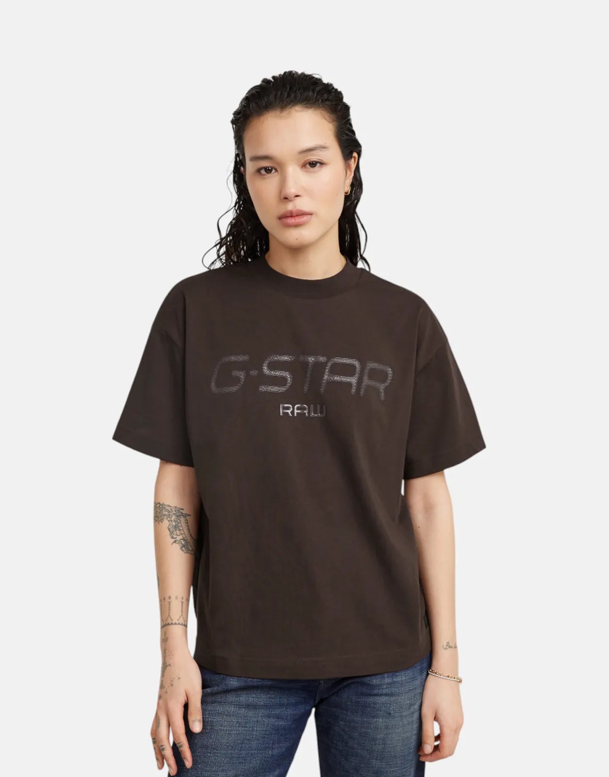 G-Star RAW Shiny Print Loose Chocolate Plum T-Shirt Mesh Blend Leather Blend Suede Blend G-Star RAW Shiny Print Loose Chocolate Plum T-Shirt Mesh Blend Leather Blend Suede Blend