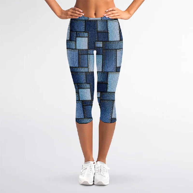 Blue Denim Patchwork Pattern Print Women's Capri Leggings Cozy Lounge Pants Leggings Blue Denim Patchwork Pattern Print Women's Capri Leggings Cozy Lounge Pants Leggings