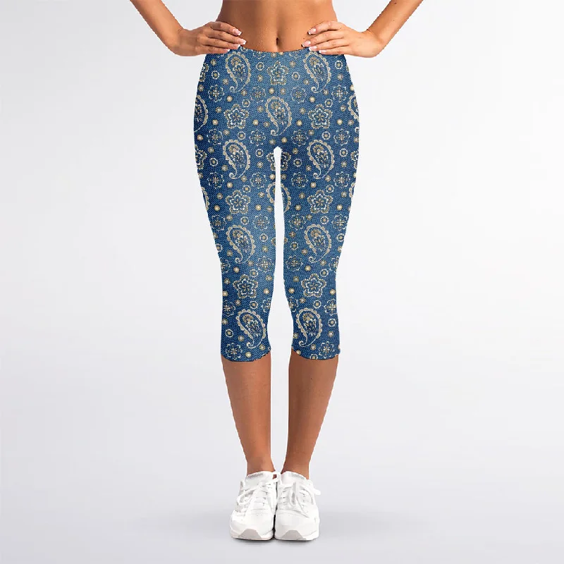 Blue Denim Western Paisley Print Women's Capri Leggings Trendy High-Waist Tummy Control Leggings Blue Denim Western Paisley Print Women's Capri Leggings Trendy High-Waist Tummy Control Leggings