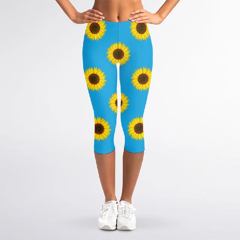 Blue Cute Sunflower Pattern Print Women's Capri Leggings Stylish Sweat-Proof Leggings Blue Cute Sunflower Pattern Print Women's Capri Leggings Stylish Sweat-Proof Leggings