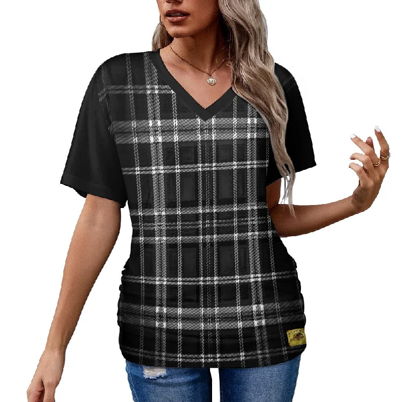 TRP Twisted Patterns 06: Digital Plaid 01-06A Ladies Designer V-neck Pleated T-shirt Fleece Nylon Spandex TRP Twisted Patterns 06: Digital Plaid 01-06A Ladies Designer V-neck Pleated T-shirt Fleece Nylon Spandex