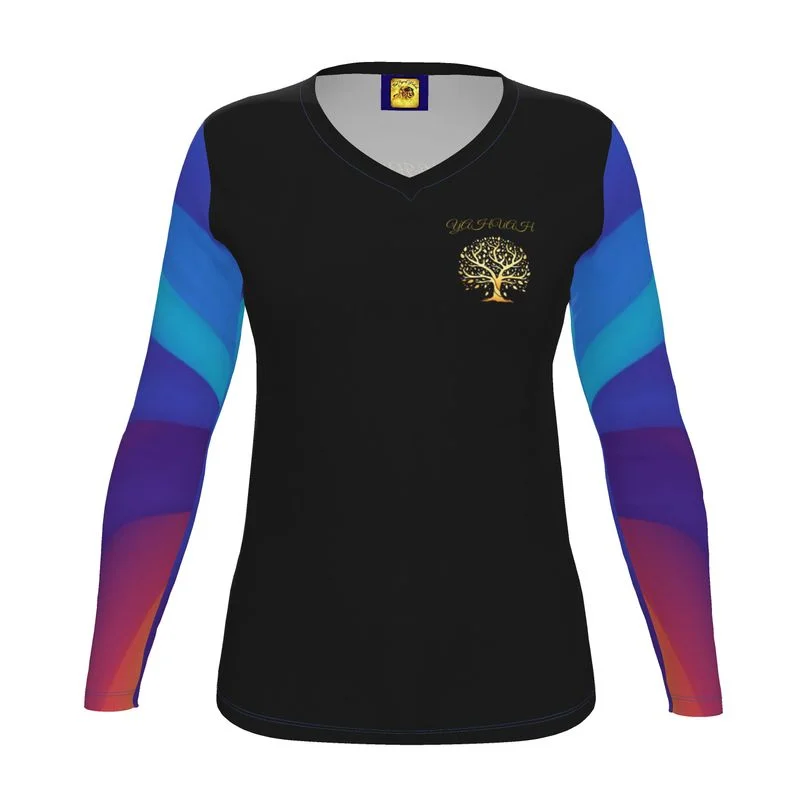 Yahuah-Tree of Life 01 Royal Ladies Designer V-neck Long Sleeve Jersey T-shirt Anti-Shrink Durable Soft Yahuah-Tree of Life 01 Royal Ladies Designer V-neck Long Sleeve Jersey T-shirt Anti-Shrink Durable Soft