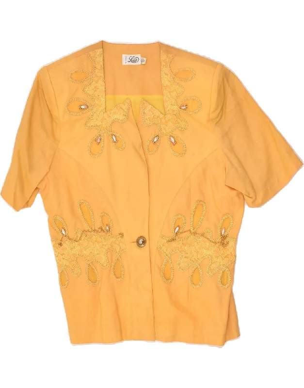 VINTAGE Womens Short Sleeve 1 Button Blazer Jacket IT 48 XL Yellow Linen Elasticated Jacket Padded Jacket Insulated Jacket VINTAGE Womens Short Sleeve 1 Button Blazer Jacket IT 48 XL Yellow Linen Elasticated Jacket Padded Jacket Insulated Jacket