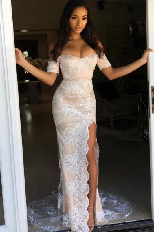 Mermaid Off-The-Shoulder Short Sleeves Long Prom Dress With Appliques