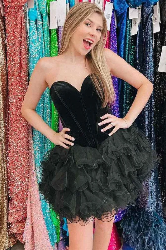 Black Strapless Velvet Corset Top and Ruffled Homecoming Dress