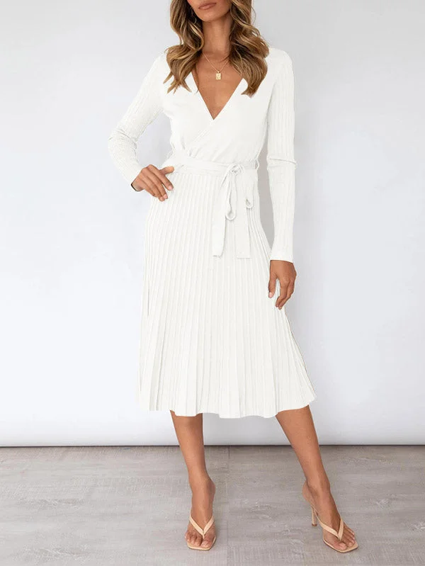 Women's Long Sleeve Midi Dress Wrap Pleated Sweater Dresses Stylish Fashionable Trendy Women's Long Sleeve Midi Dress Wrap Pleated Sweater Dresses Stylish Fashionable Trendy