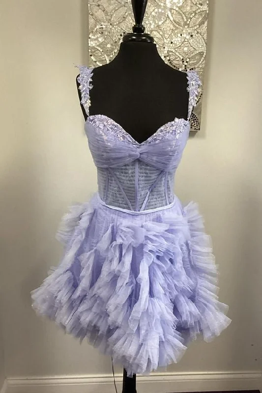 Straps A-line Ruffle Purple Short Homecoming Dress