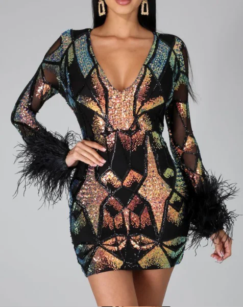 Patchwork Print Skinny Ostrich Feather Sequins Sexy Party Dress Tunics Travel practical Patchwork Print Skinny Ostrich Feather Sequins Sexy Party Dress Tunics Travel practical